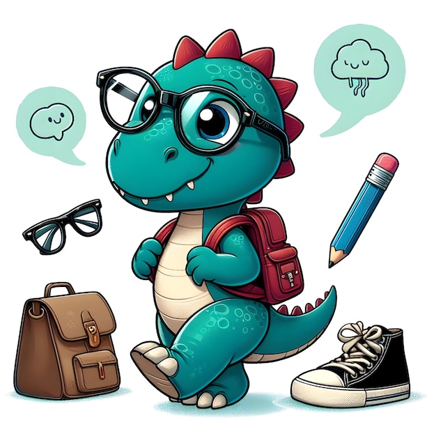 a dinosaur with glasses and a pencil and a pair of glasses