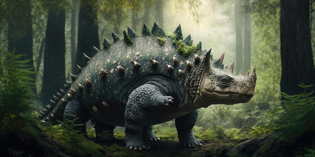 A dinosaur with a green cap on its head stands on a rock in a forest.