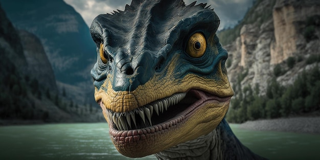 A dinosaur with a green mouth and a yellow beak is in front of a mountain.