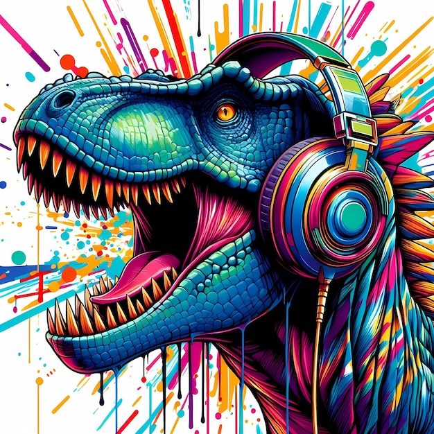 a dinosaur with headphones that says quot the word quot on it