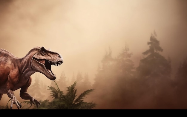 A dinosaur with a large mouth is in front of a forest.