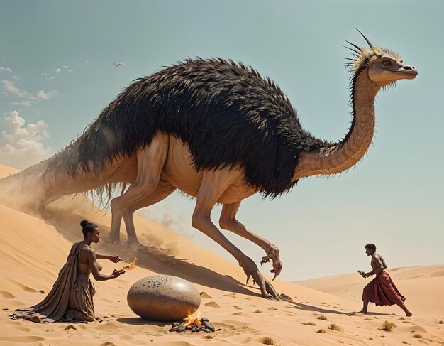 Photo a dinosaur with a man and a woman in a dress is walking in the desert