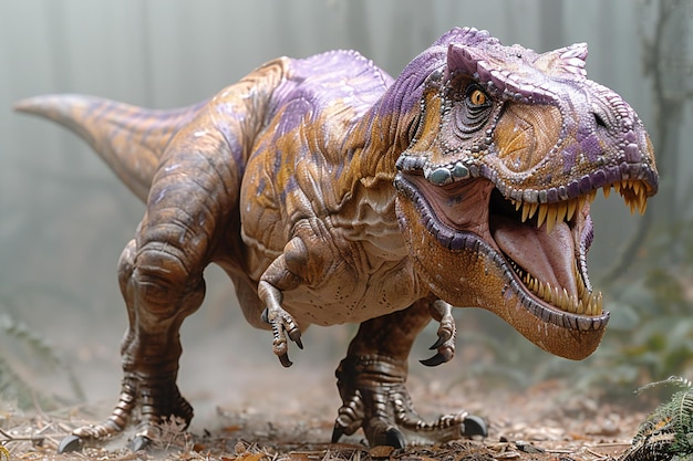 a dinosaur with a purple nose and mouth open