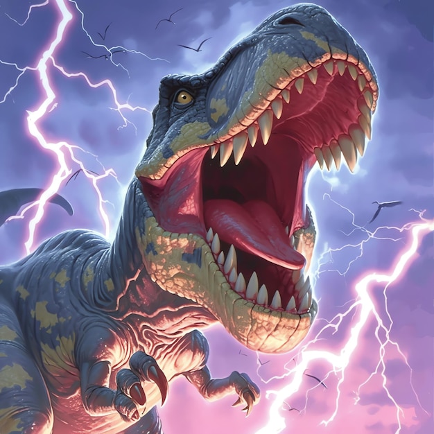 a dinosaur with a red tongue is shown with a lightning bolt in the background