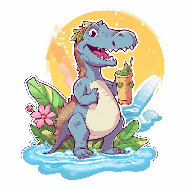 A dinosaur with a straw and a drink.