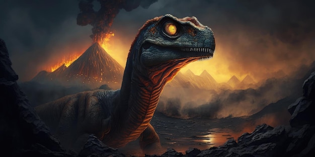 A dinosaur with a volcano in the background