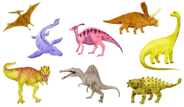 Photo dinosaurs set isolated on white. tyrannosaurus, spinosaurus, pteranodon, ankylosaurus, mosasaurus. watercolor