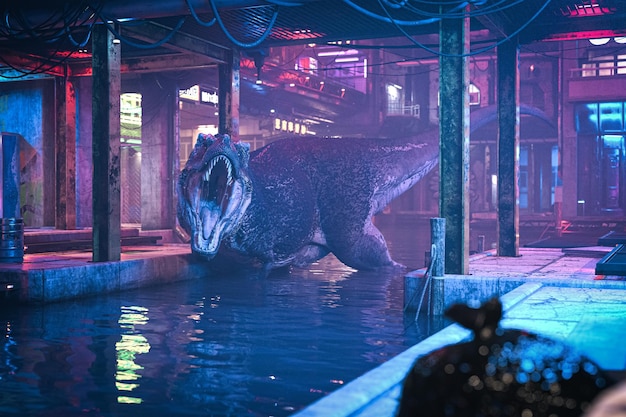 Dinosaurs tyrannosaurus rex are running rampant in the basement in the future world 3D illustration rendering