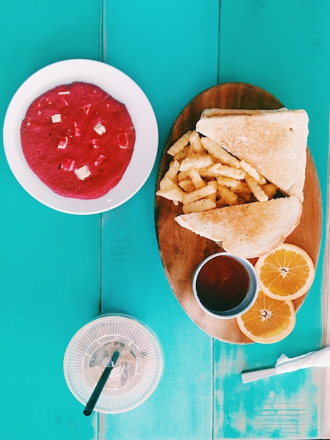 Photo directly above shot of breakfast on table