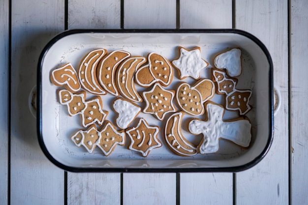 Photo directly above shot of gingerbreads cookies in cake pan