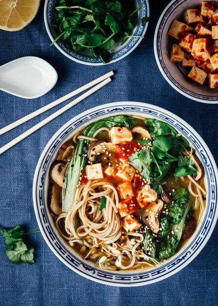 Directly above shot of healthy food served in bowls on table