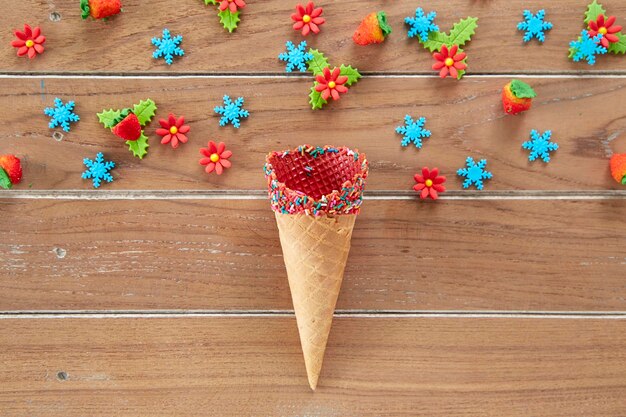 Directly above shot of ice cream cone on table