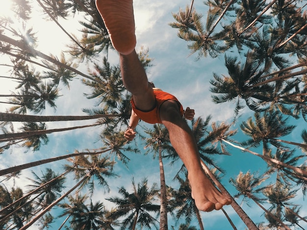 Photo directly below shot of man jumping against palm trees