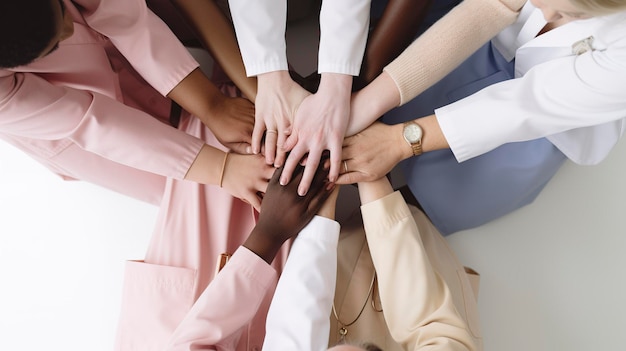 Directly below shot of multiethnic medical team stacking hands over