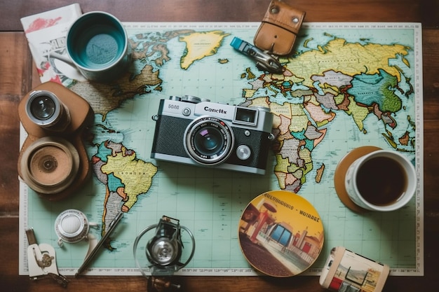 Directly above shot of technologies and travel equipment on table