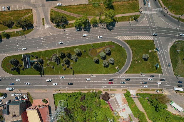 Directly above view of road with traffic road infrastructure resolving of car traffic jam