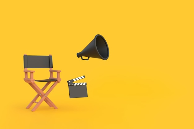 Director chair clapperboard and megaphone on yellow background Movie industry concept 3D render