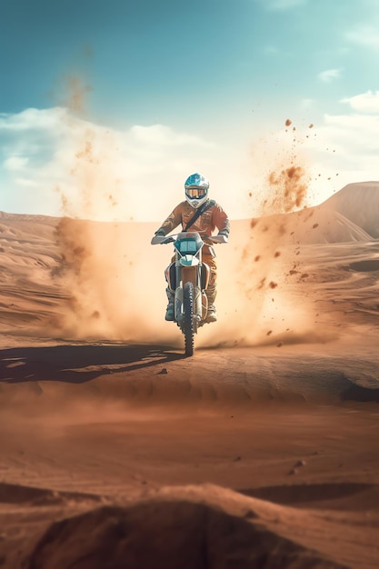 A dirt bike rider in the desert with a blue helmet and a blue helmet