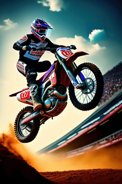 Dirt bike rider doing a big jump Supercross motocross high speed Sport concept Digital art