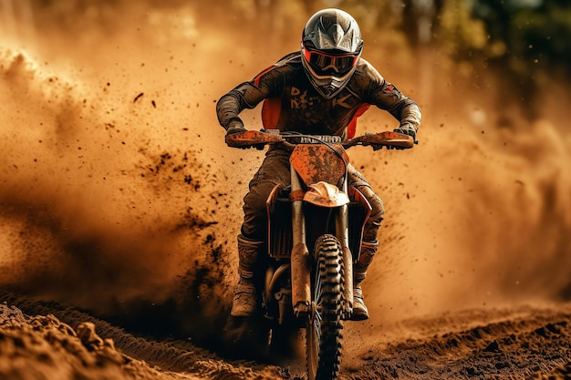 A dirt bike rider is riding through a muddy track with the word dirt on the front.