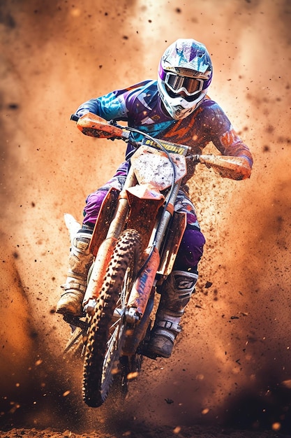 A dirt bike rider in a race with mud on the front and the word dirt on the front.