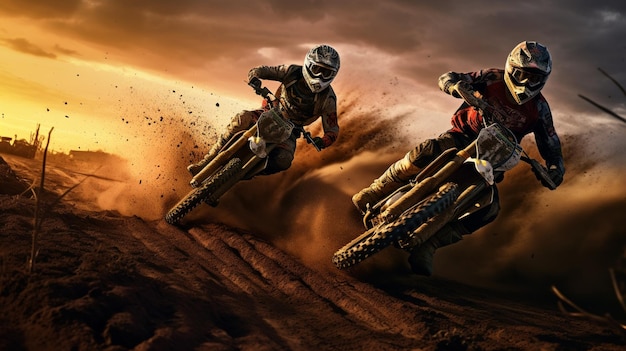 Dirt bike riders racing on a dirt track at sunset generative ai