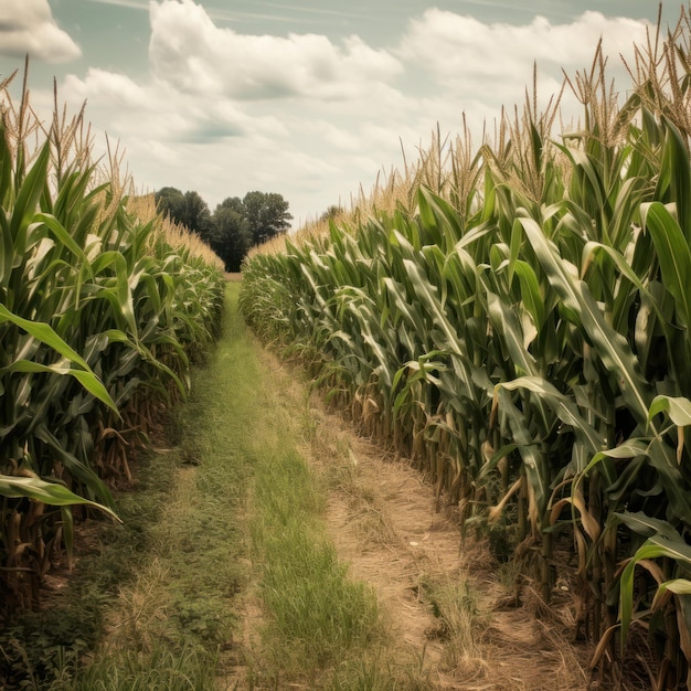 A dirt path leads through a corn field with a sky background.