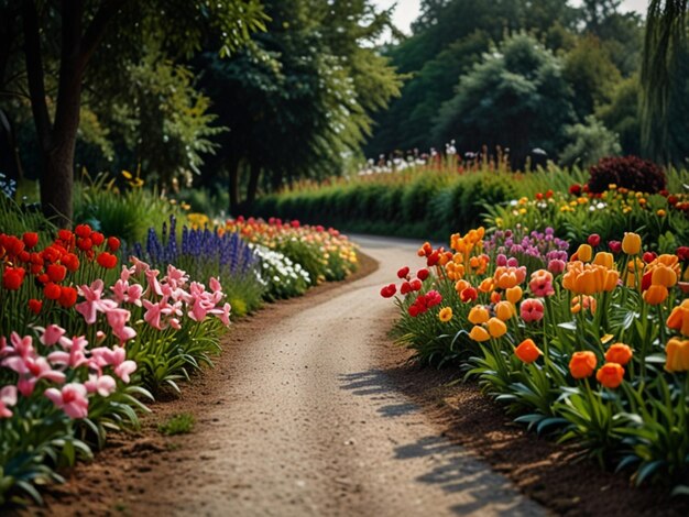 Photo a dirt path leads through a garden of flowers