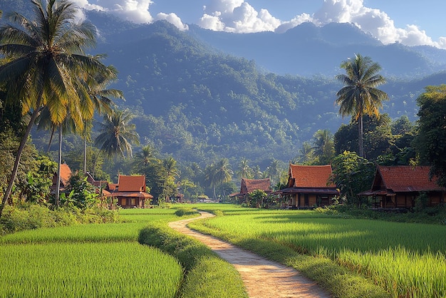 a dirt path leads to a village with mountains in the background