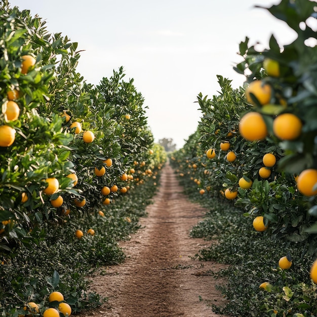 A dirt path runs through a vibrant orange grove lined with trees laden with ripe fruit