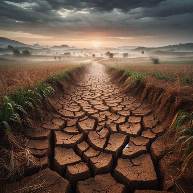 a dirt path with a field of grass and a sign that says quot no water quot