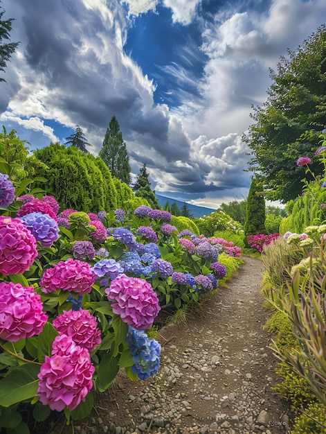 Photo a dirt path with flowers and a sky with clouds