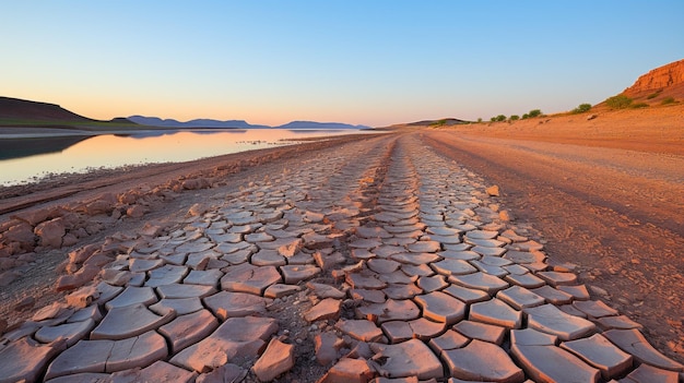 A dirt road next to a body of water generative ai image