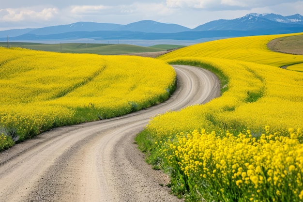 Photo a dirt road cuts through a vibrant field of yellow flowers creating a stunning contrast against the natural landscape a winding road through bright yellow canola fields ai generated