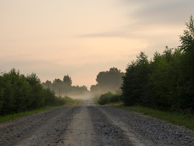 Dirt road at dawn going into the distance morning into the fog