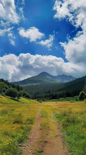 a dirt road in a field with a mountain in the background