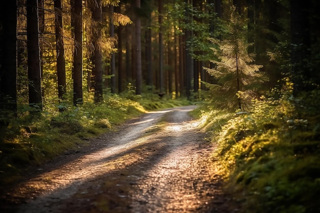 dirt road in a forest with the sun shining on the ground