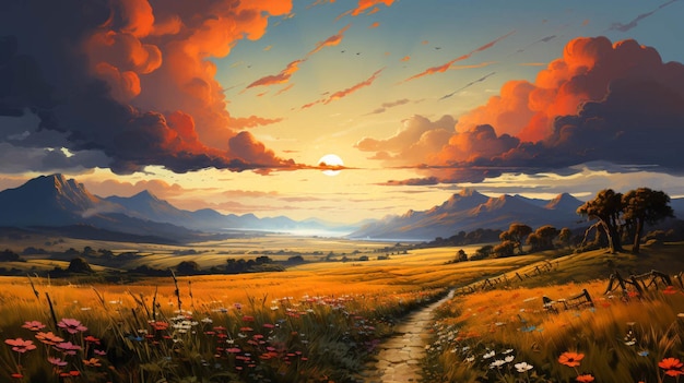 a dirt road going through a field at sunset landscape background