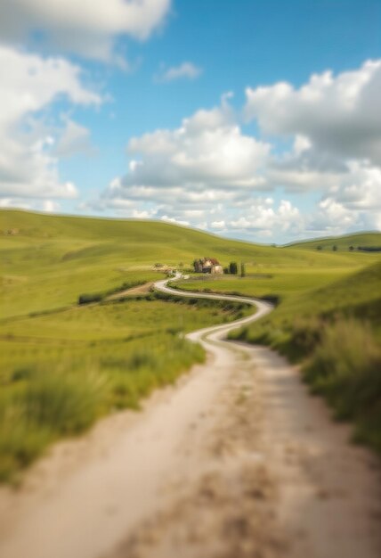 Photo a dirt road is surrounded by a field with a house on the top