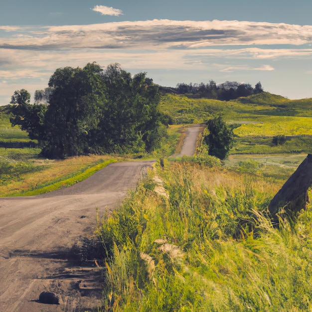 A dirt road is surrounded by green grass and trees.