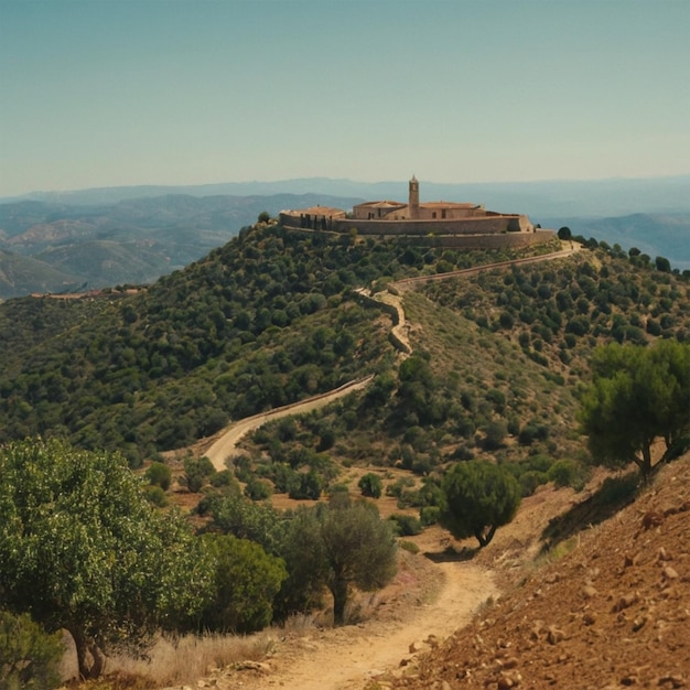 Photo a dirt road leads to a building on a hill