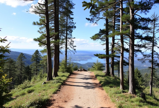 Photo a dirt road leads to a mountain with a view of a lake and mountains in the background