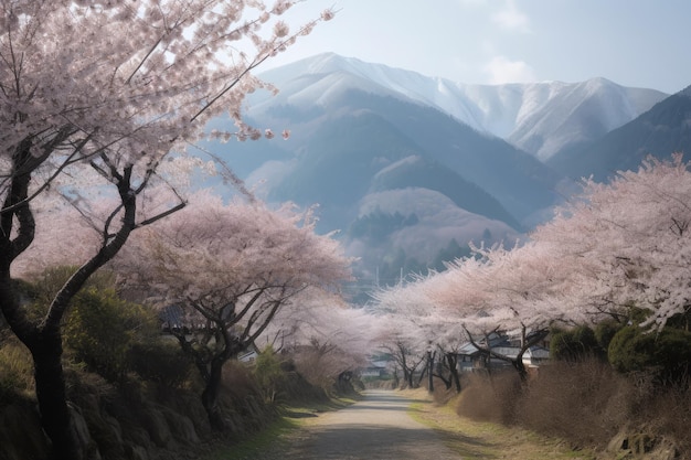 A dirt road surrounded by trees with snow covered mountains in the background generative AI