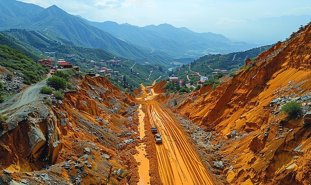 a dirt road that has a mountain in the background