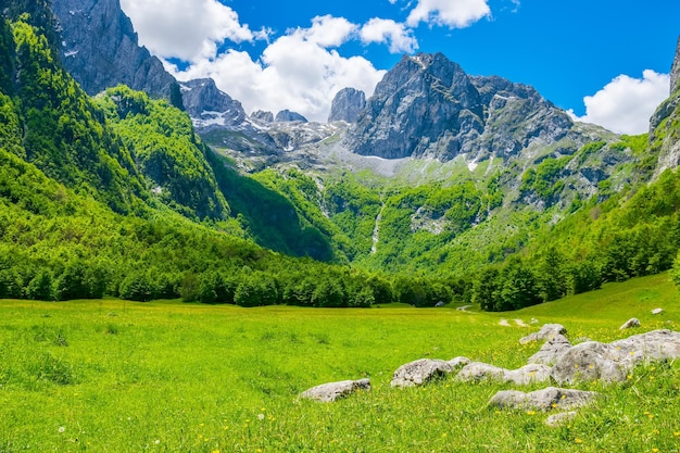 A dirt road through a picturesque plain among the high mountains