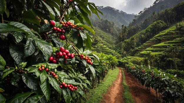 Photo a dirt road through a valley with coffee plants and a dirt road