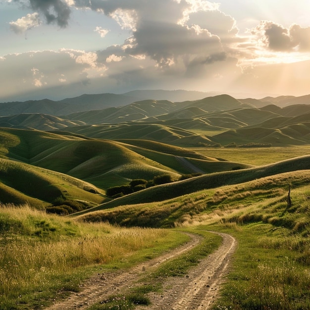 Photo dirt road winding through grassy hills with sun shining through clouds generative ai