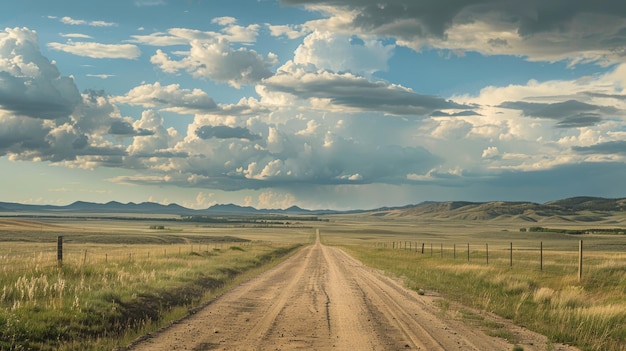 Dirt road winding through a rural landscape under a cloudy sky Tranquil and rustic countryside scene