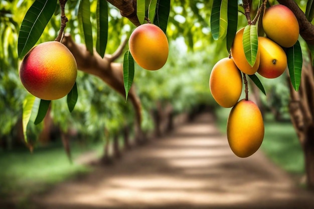 Photo a dirt road with a bunch of fruit hanging from the branches