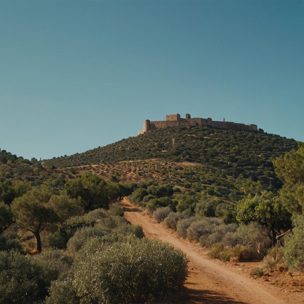 Photo a dirt road with a castle on the top of it